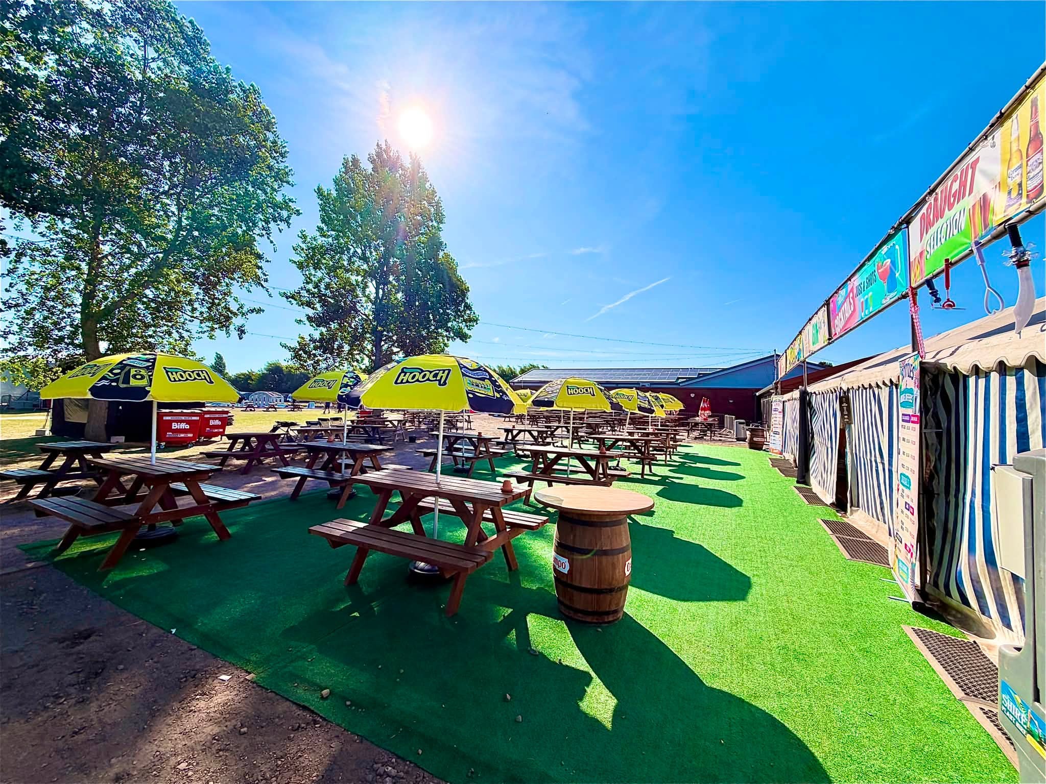 Outdoor seating, food stalls and bars